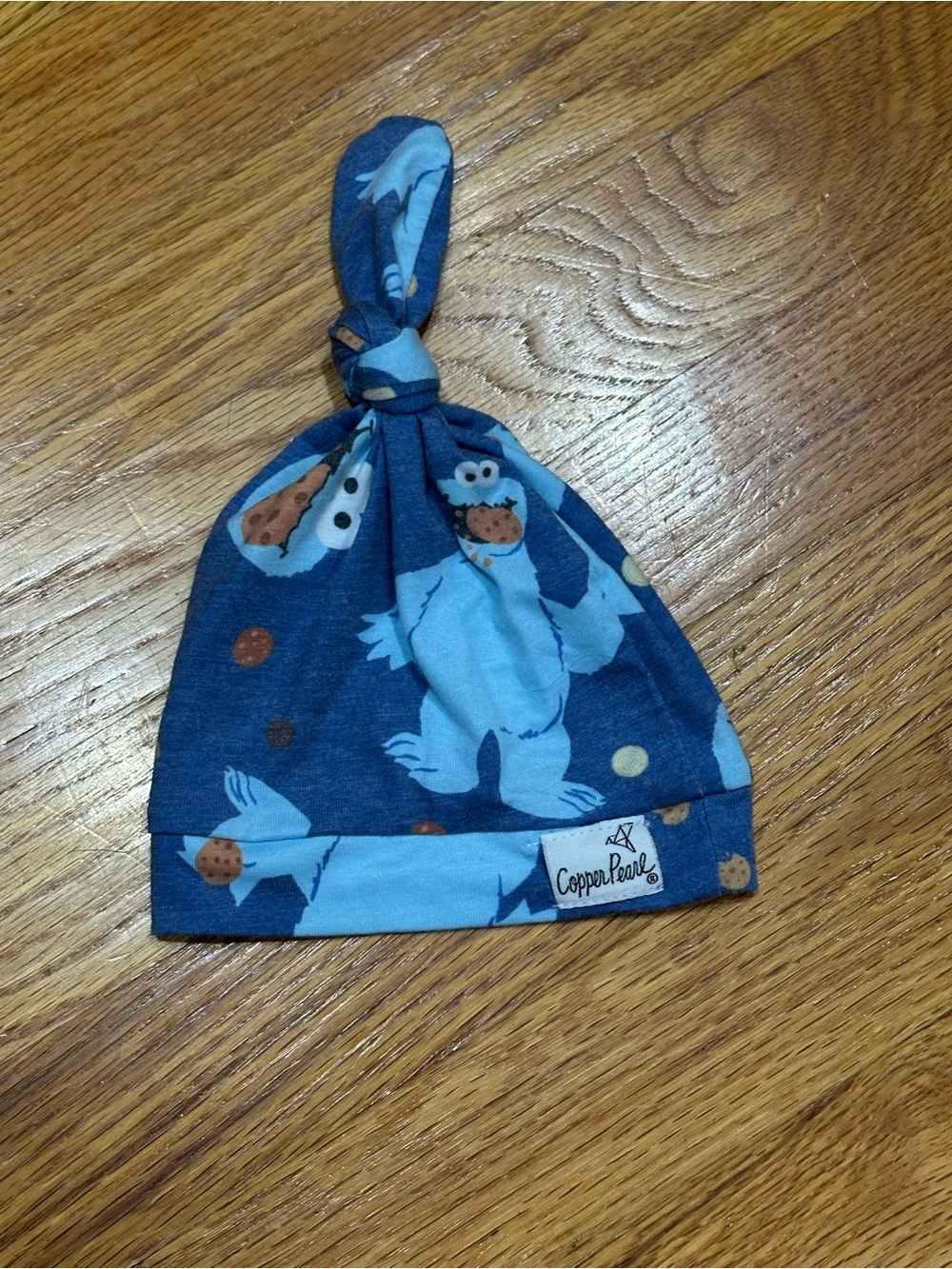 Copper Pearl Cookie Monster Knot Top Baby Hat - Blue